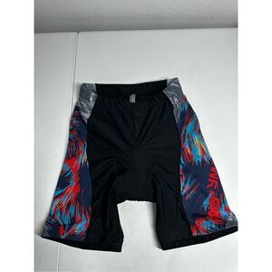 Nooyme Cycling Shorts Womens Size L Padded Reflective Logo Mid Thigh Black Blue